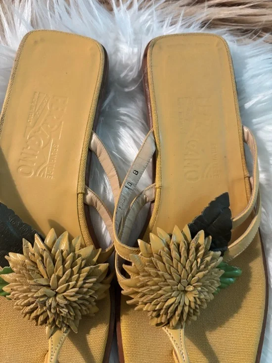 Salvatore Ferragamo Yellow Floral Toe-Post Sandals with Green Accents - Picture 4 of 6